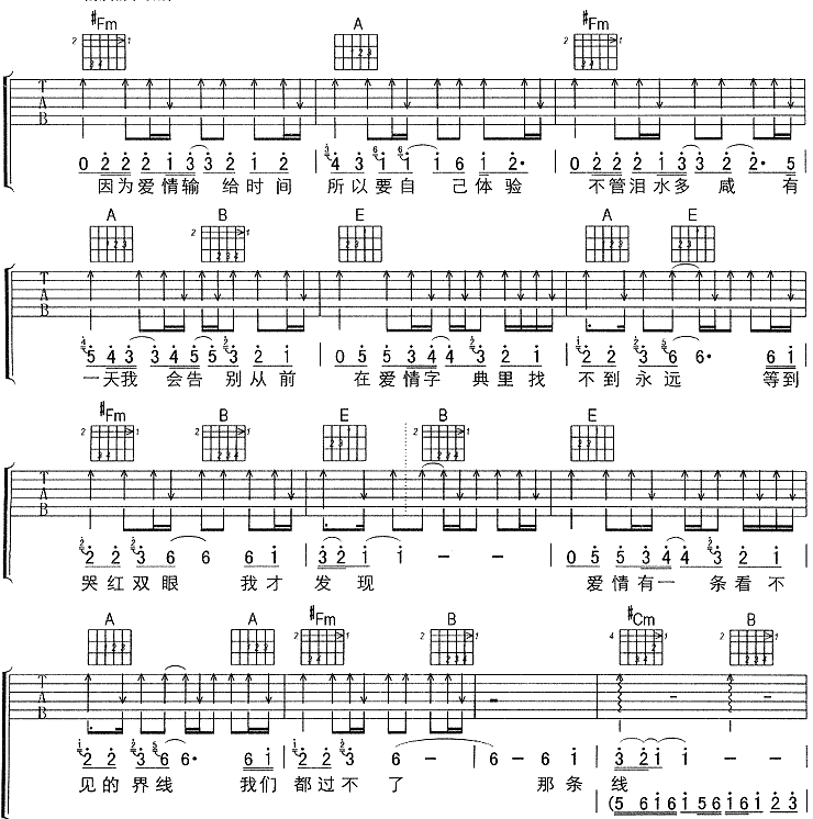 爱情字典吉他谱,原版孙燕姿歌曲,简单E调弹唱教学,网络转载版六线指弹简谱图