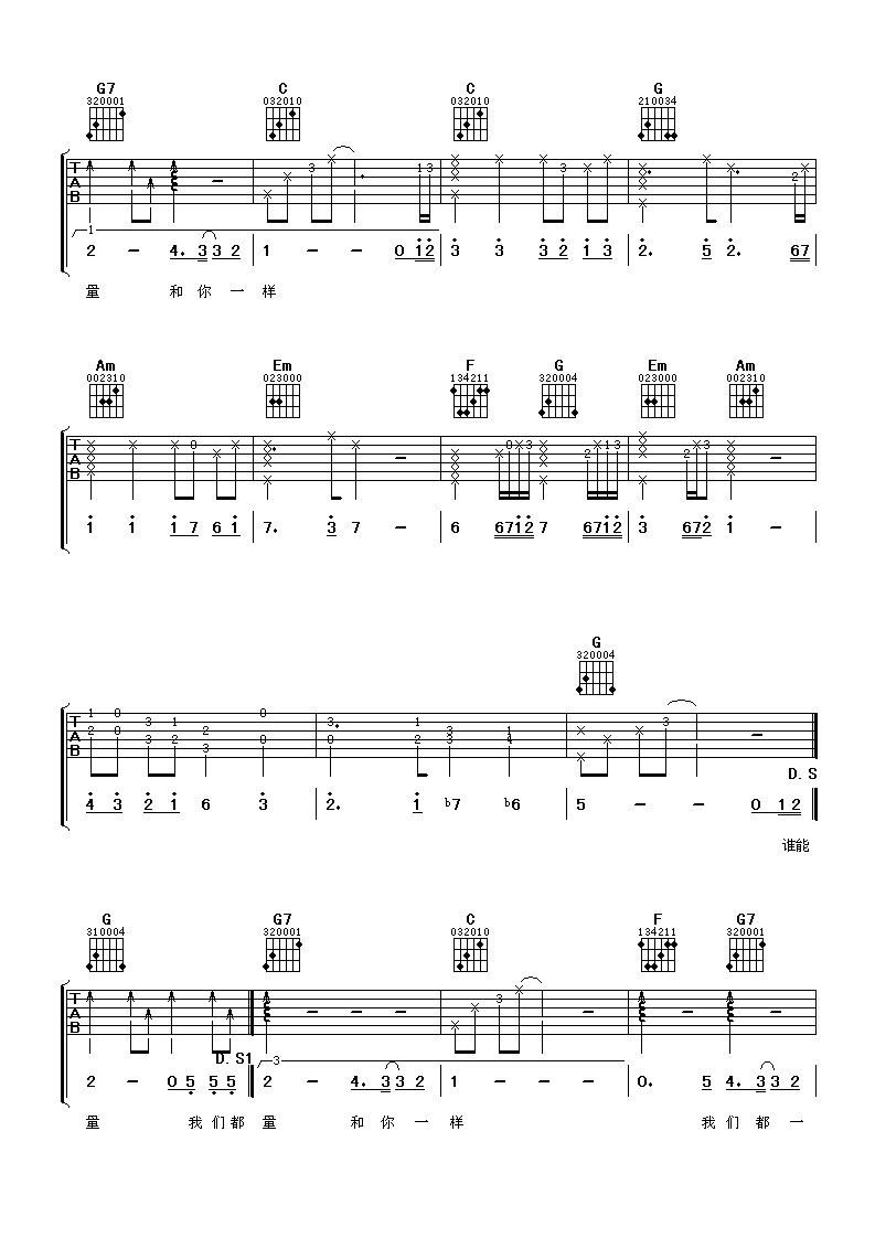 和你一样吉他谱,原版李宇春歌曲,简单C调弹唱教学,阿潘音乐工场版六线指弹简谱图