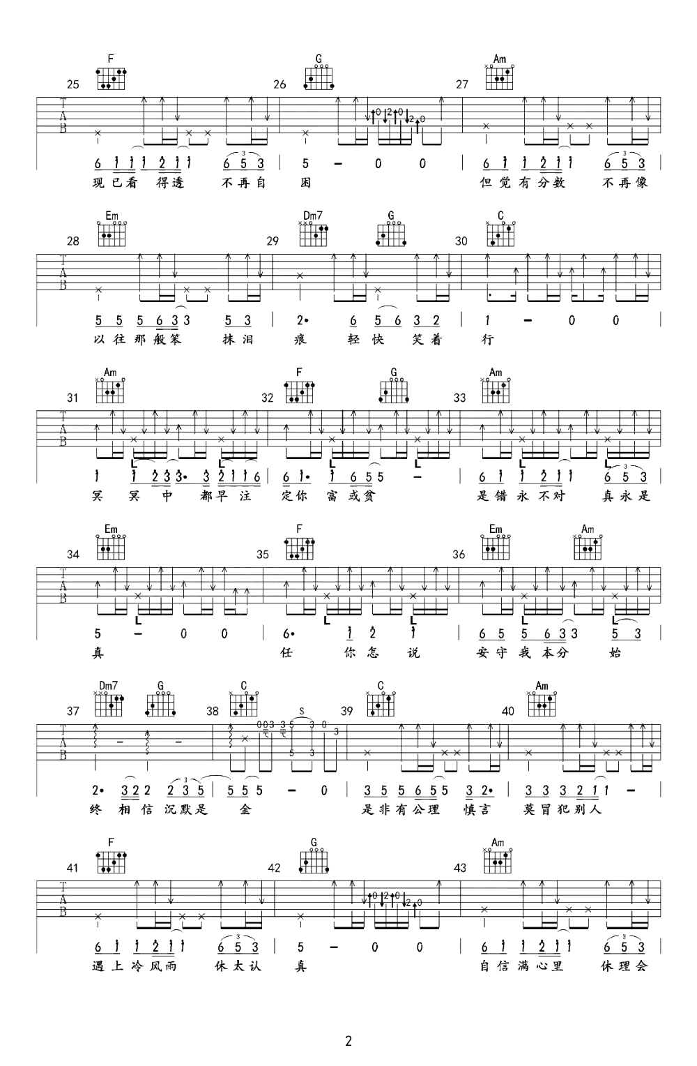 沉默是金吉他谱,张国荣歌曲,C调简单指弹教学简谱,深蓝雨吉他六线谱图片