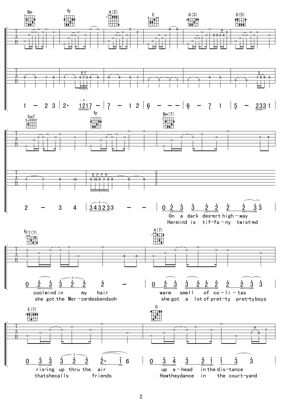 hotelCalifornia吉他谱,原版EaglesHotel歌曲,简单D调弹唱教学,中文吉他音乐社区版六线指弹简谱图