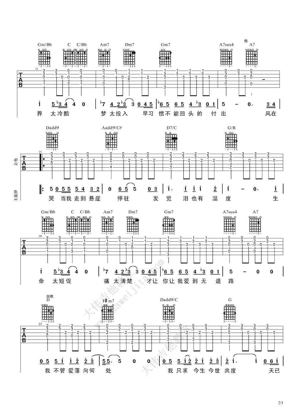 悬崖吉他谱,原版齐秦歌曲,简单D调弹唱教学,大伟吉他教室版六线指弹简谱图