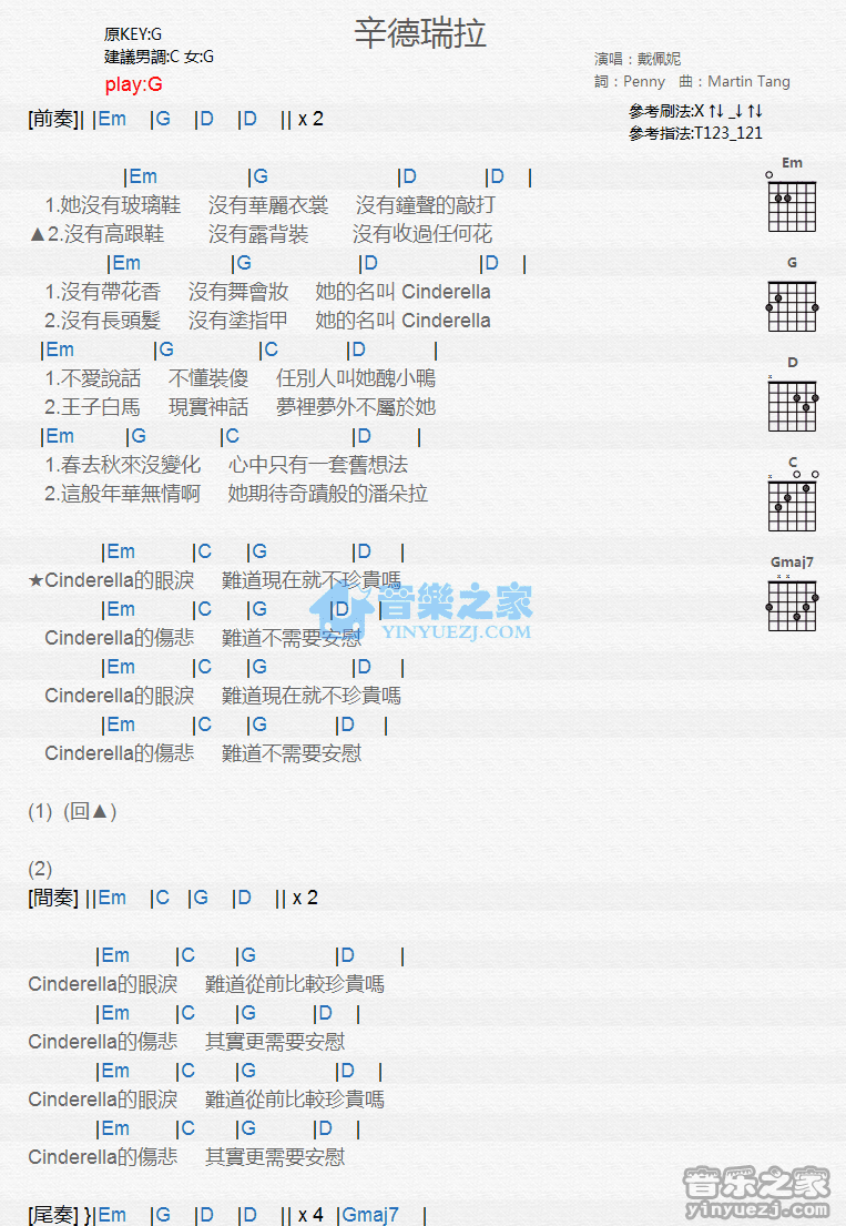 辛德瑞拉吉他谱,原版戴佩妮歌曲,简单G调弹唱教学,音乐之家版六线指弹简谱图