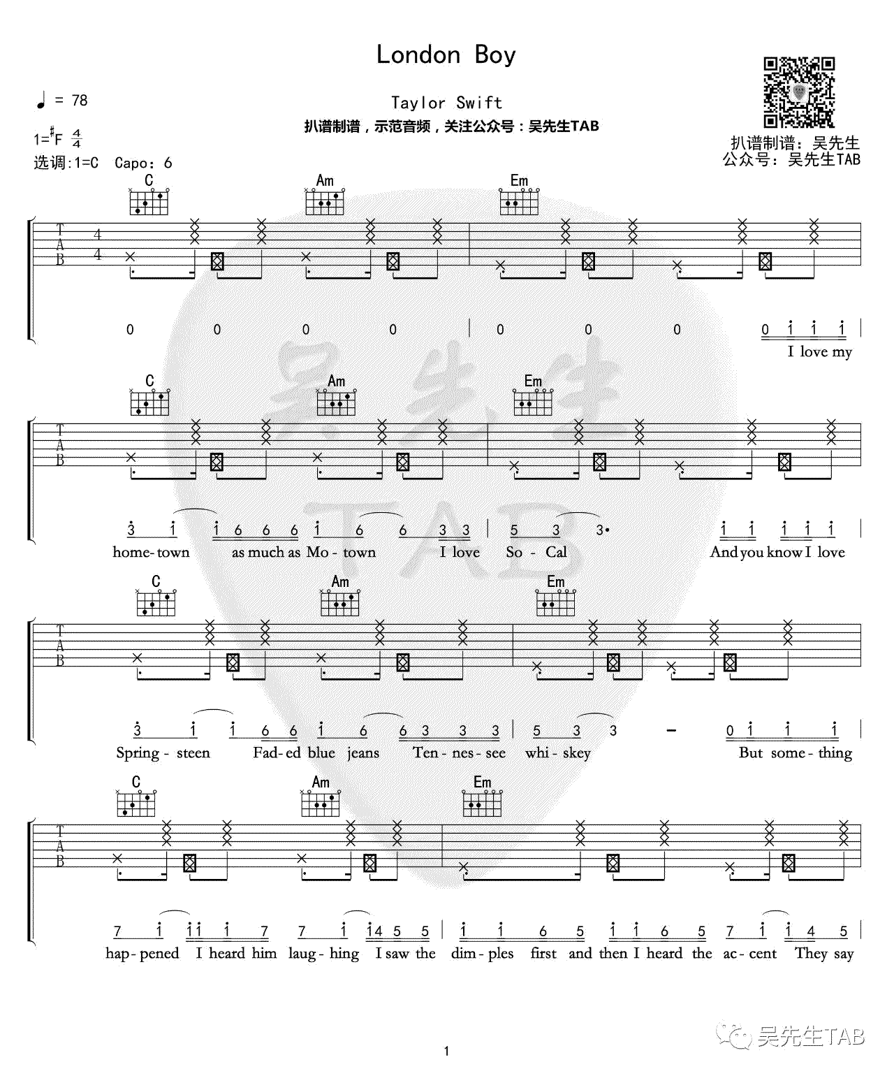 LondonBoy吉他谱,原版TaylorSwift歌曲,简单F调弹唱教学,吴先生版六线指弹简谱图