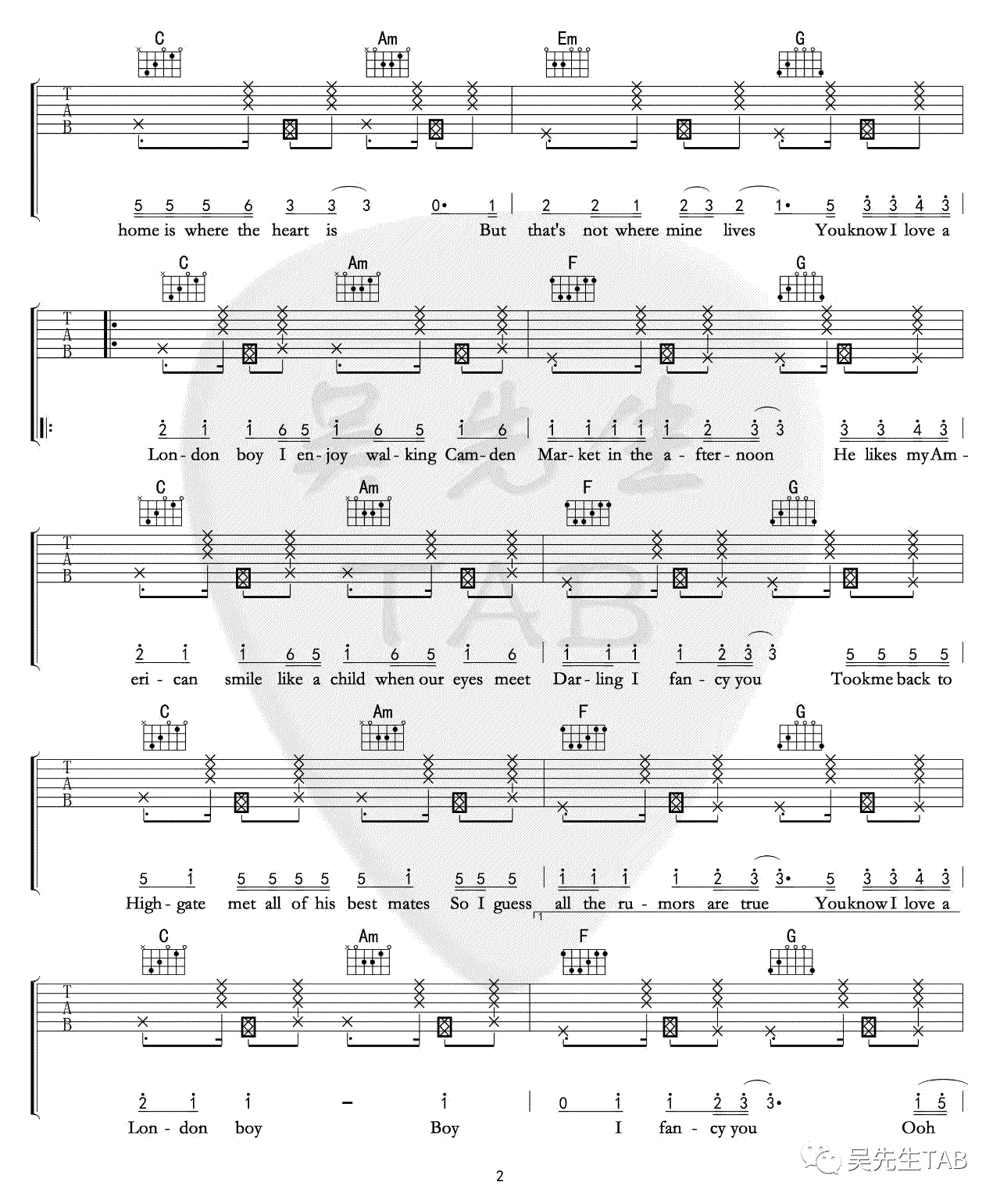 LondonBoy吉他谱,原版TaylorSwift歌曲,简单F调弹唱教学,吴先生版六线指弹简谱图