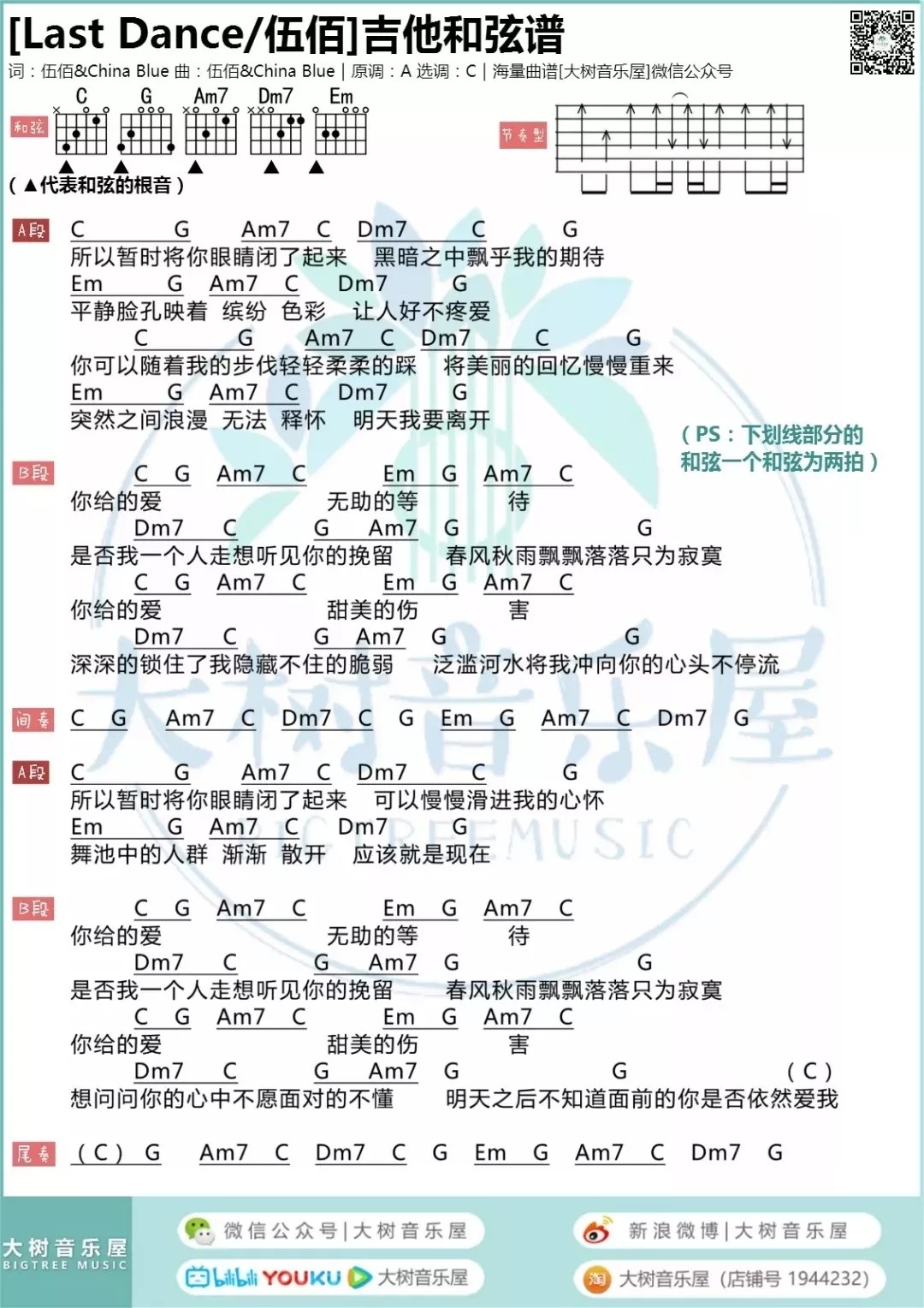 LastDance吉他谱,原版伍佰歌曲,简单C调弹唱教学,大树音乐屋版六线指弹简谱图