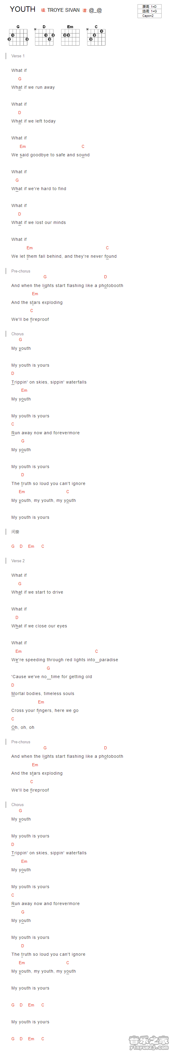 youth吉他谱,原版TroyeSivan歌曲,简单G调弹唱教学,音乐之家版六线指弹简谱图