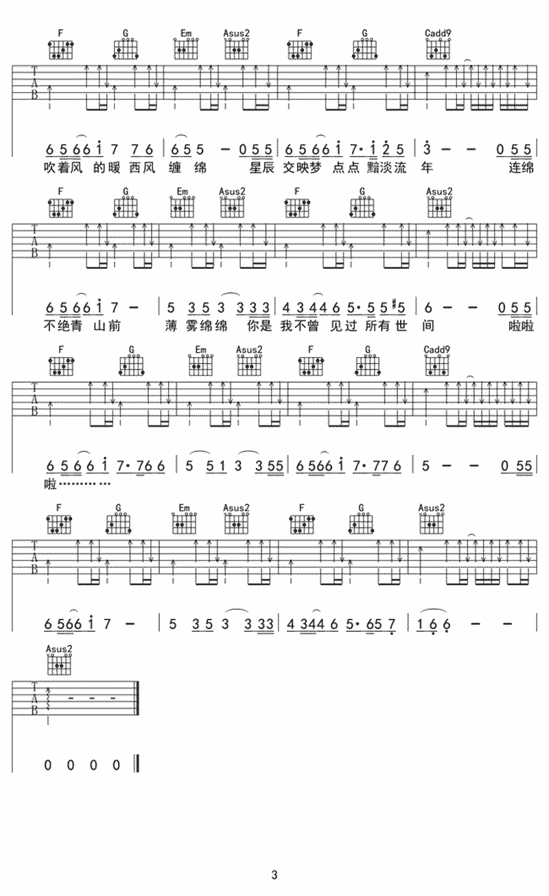 世间吉他谱,原版王宇良歌曲,简单C调弹唱教学,网络转载版六线指弹简谱图
