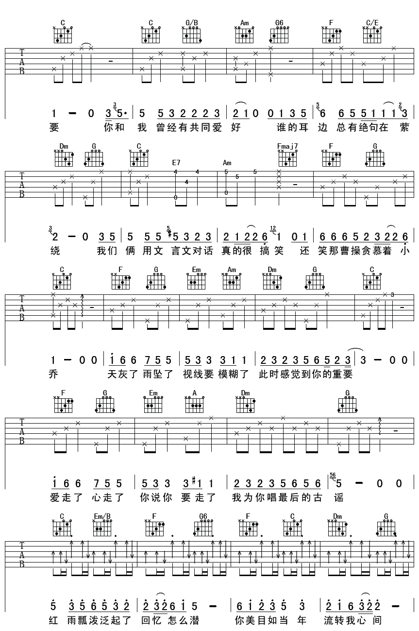 如果当时吉他谱,原版许嵩歌曲,简单C调弹唱教学,彼岸吉他版六线指弹简谱图