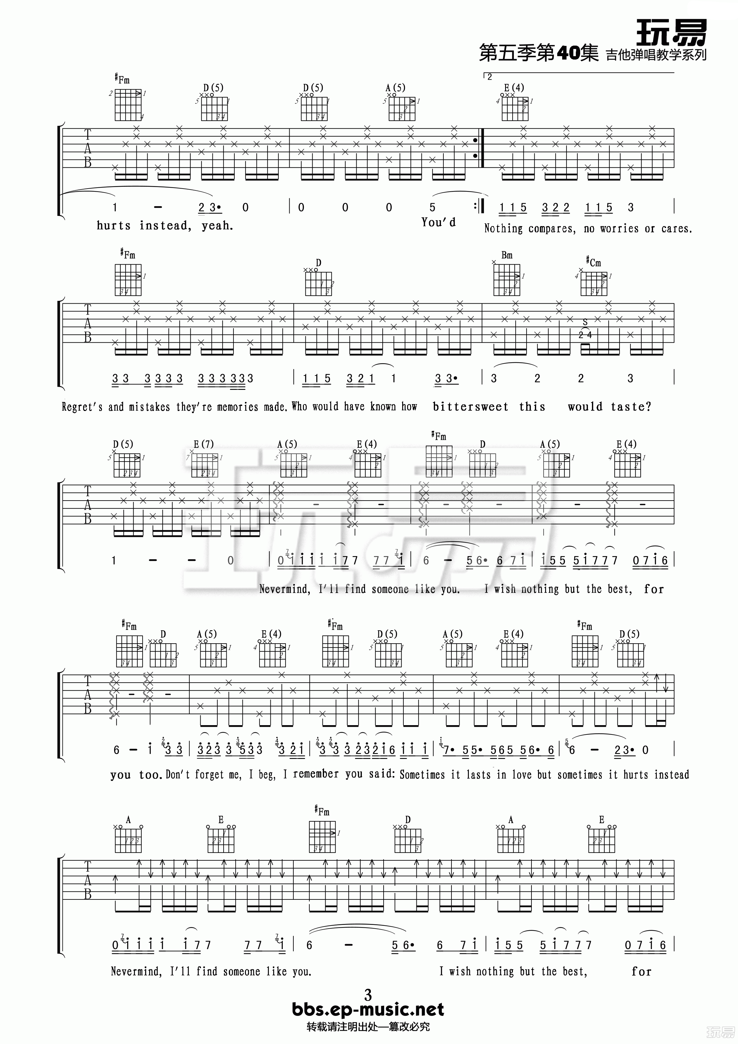 Someonelikeyou吉他谱,原版Adele歌曲,简单A调弹唱教学,玩易吉他版六线指弹简谱图