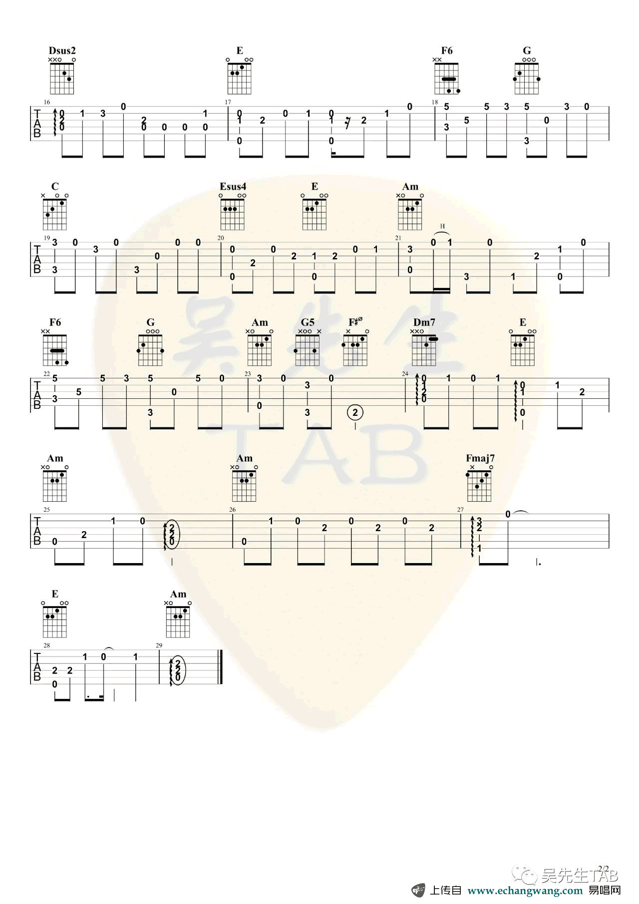 毛不易《借》指弹谱,作毛不易歌曲,简单指弹教学简谱,吴先生TAB六线谱图片