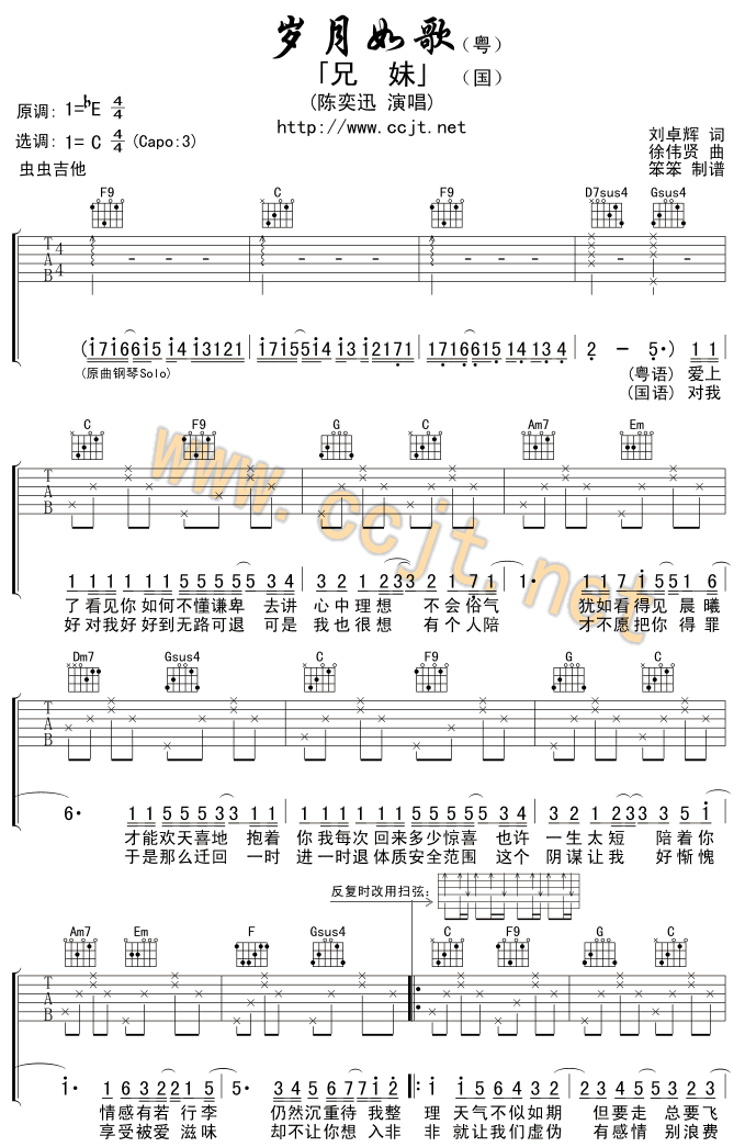 岁月如歌吉他谱,原版陈奕迅歌曲,简单C调弹唱教学,虫虫吉他版六线指弹简谱图