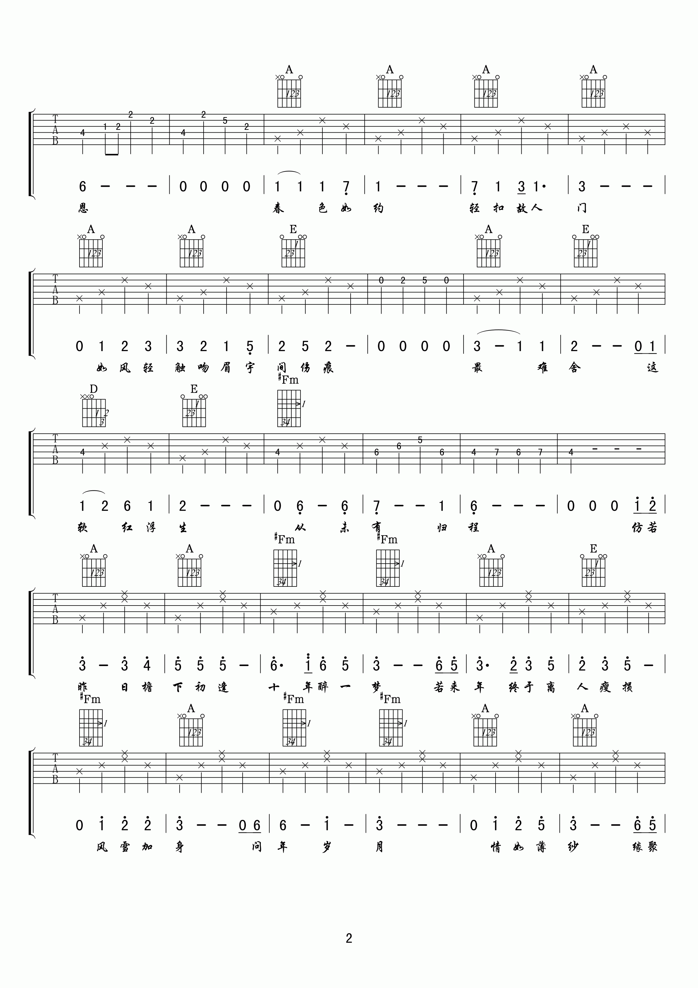 空待吉他谱,原版王朝歌曲,简单A调弹唱教学,网络转载版六线指弹简谱图