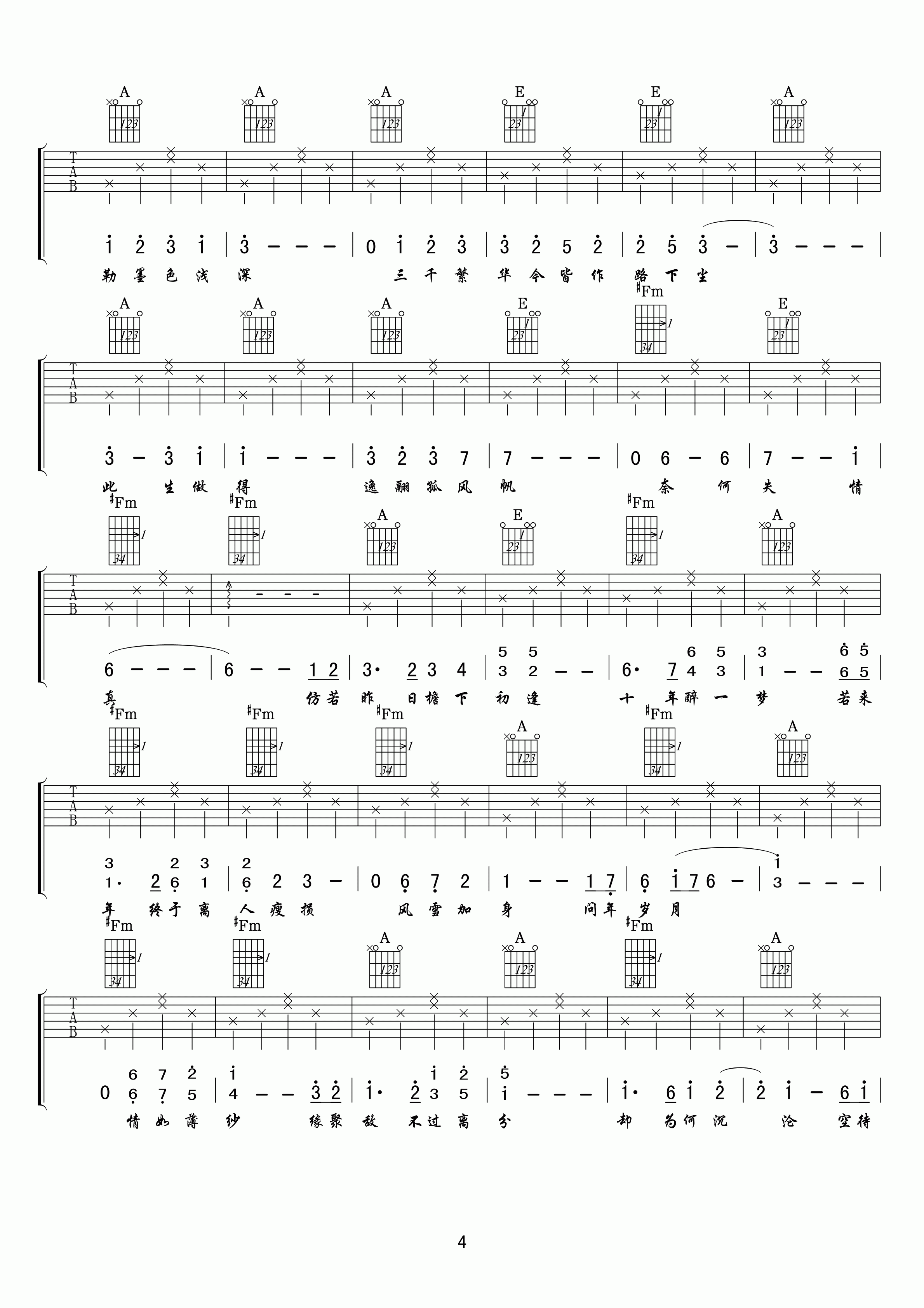 空待吉他谱,原版王朝歌曲,简单A调弹唱教学,网络转载版六线指弹简谱图