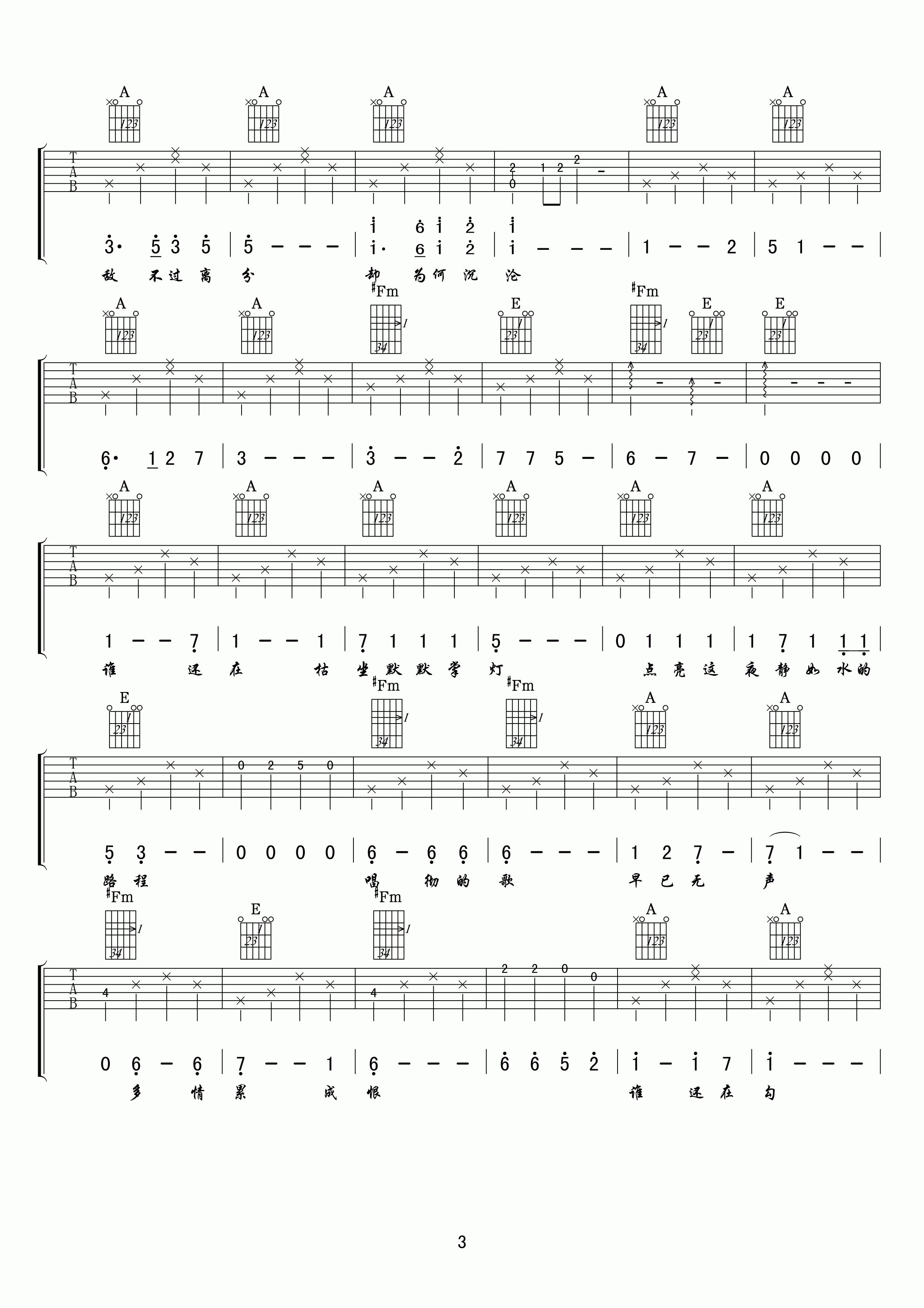 空待吉他谱,原版王朝歌曲,简单A调弹唱教学,网络转载版六线指弹简谱图