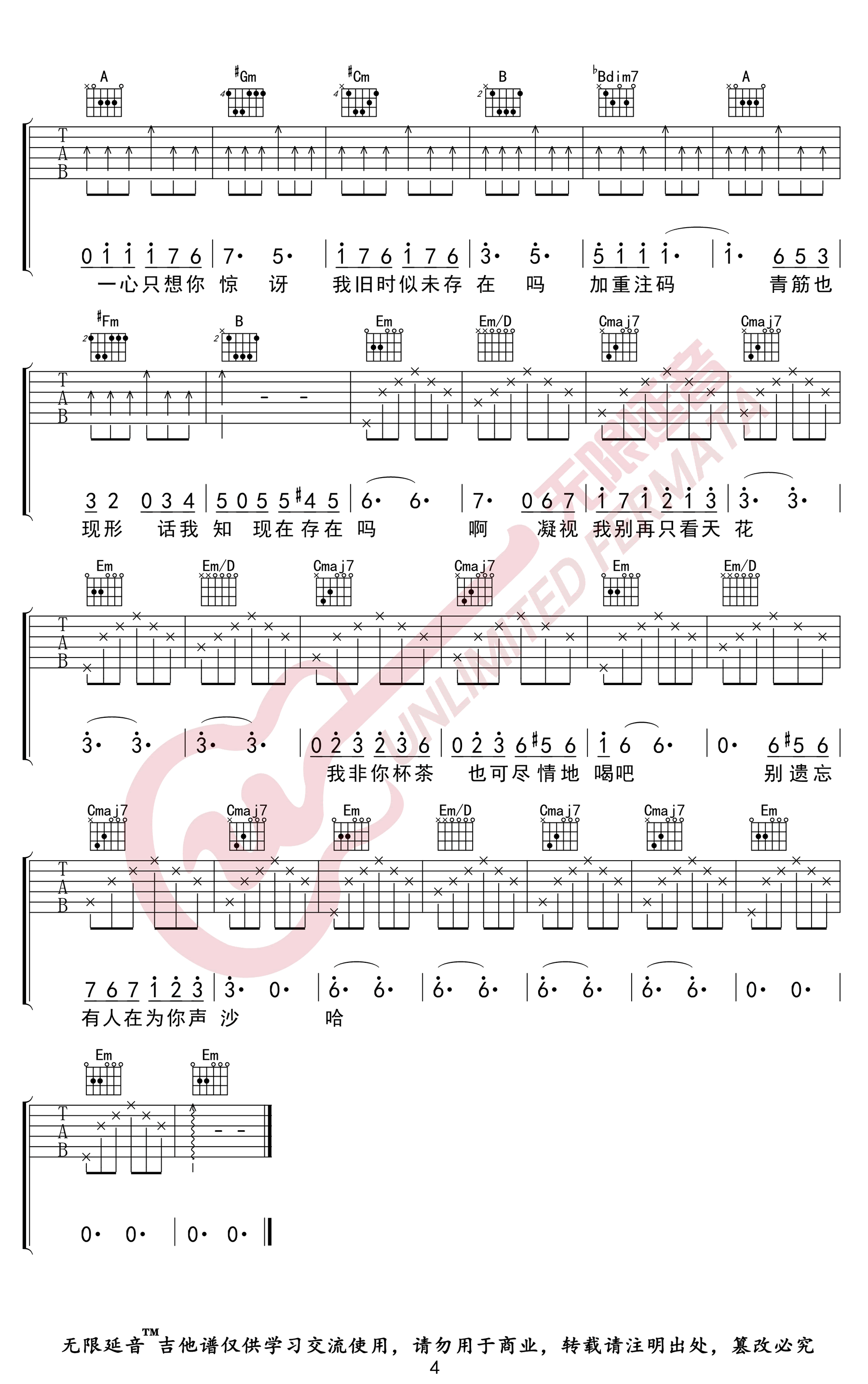 浮夸吉他谱,黄伟文Ko歌曲,简单指弹教学简谱,无限延音六线谱图片