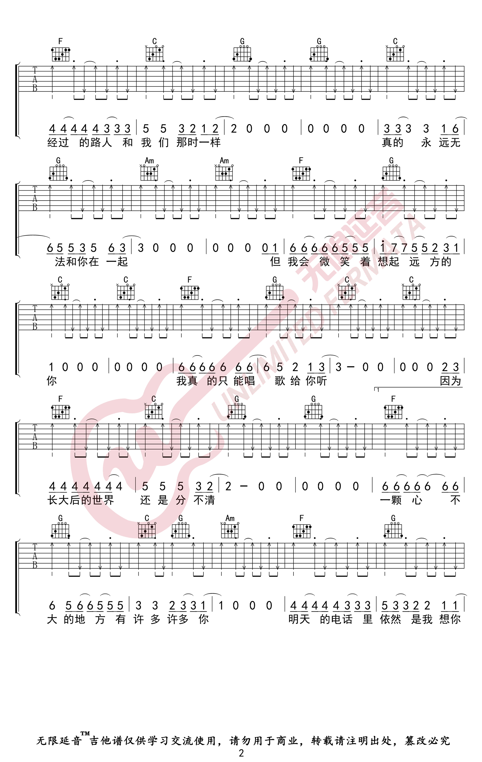 我会想起你吉他谱,宋捷歌曲,C调简单指弹教学简谱,无限延音六线谱图片