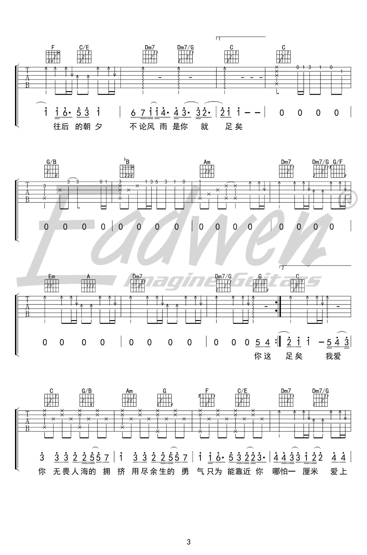 棉子《勇气》吉他谱,夏飞：潘歌曲,简单指弹教学简谱,爱德文吉他教室六线谱图片