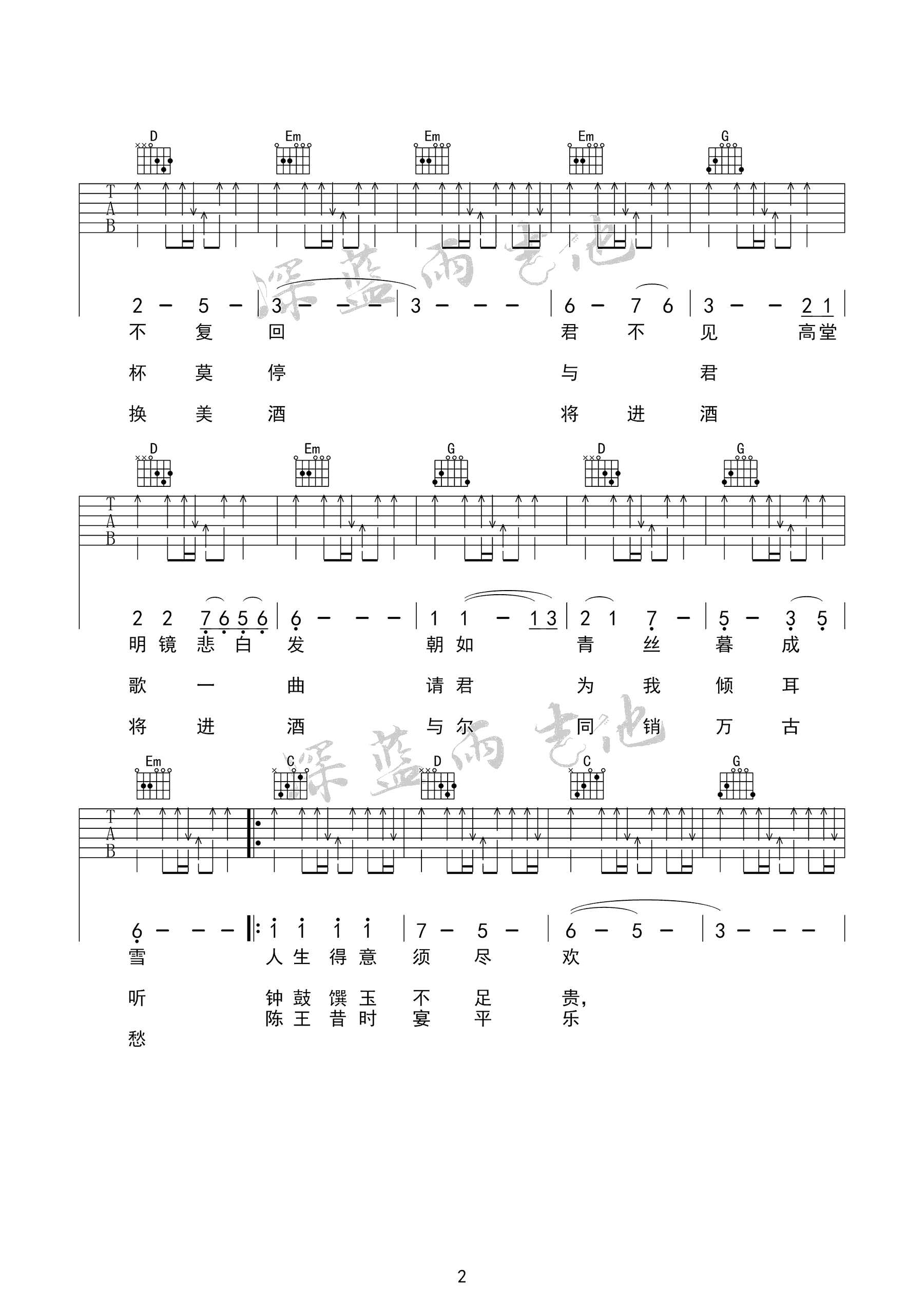 将进酒吉他谱,原版陈涌海歌曲,简单G调弹唱教学,深蓝雨吉他版六线指弹简谱图