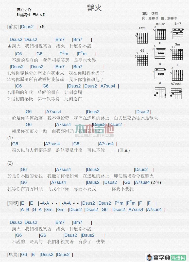 艳火吉他谱,原版张悬歌曲,简单D调弹唱教学,木木吉他版六线指弹简谱图