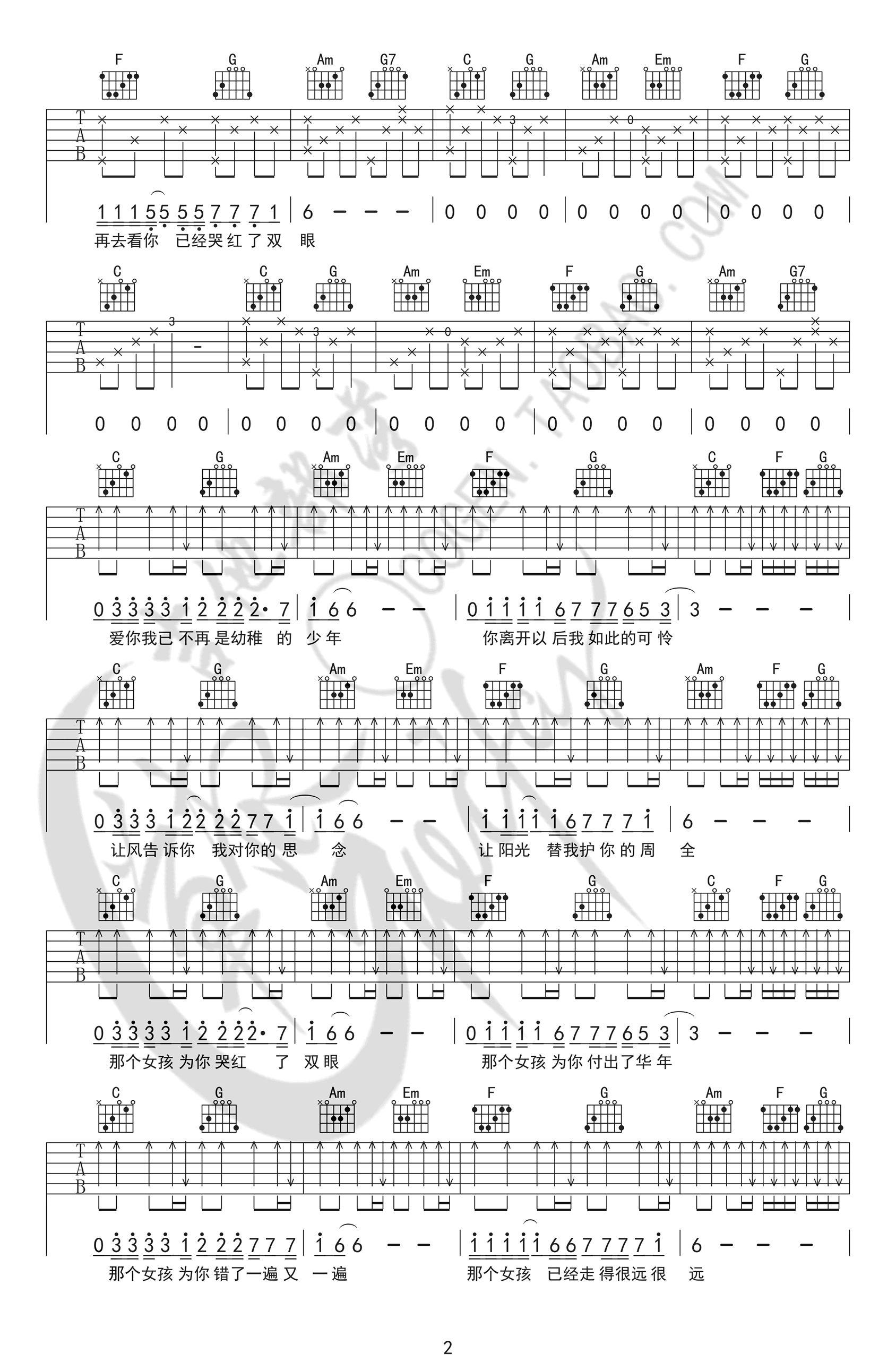 张泽熙《那个女孩》吉,张泽熙歌曲,简单指弹教学简谱,草根吉他部落六线谱图片