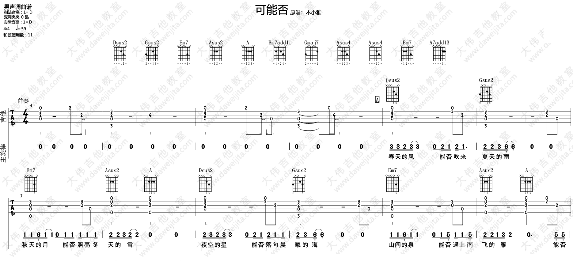 可能否吉他谱,原版木小雅歌曲,简单D调弹唱教学,大伟吉他教室版六线指弹简谱图