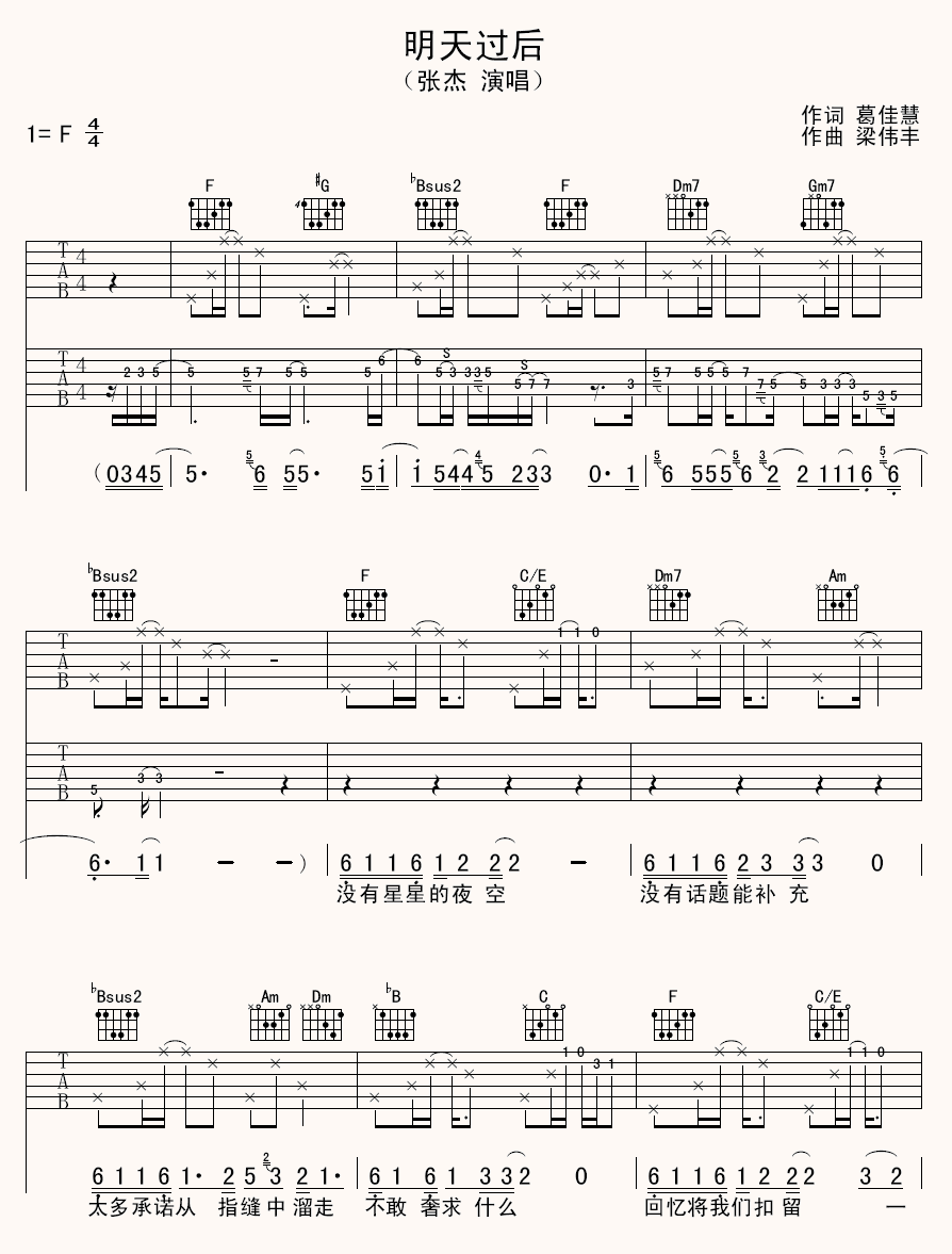 明天过后吉他谱,原版张杰歌曲,简单F调弹唱教学,网络转载版六线指弹简谱图