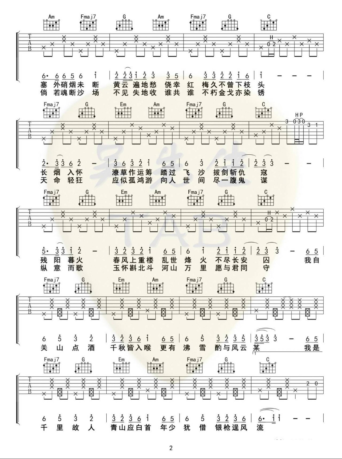 关山酒吉他谱,原版李袁杰歌曲,简单C调弹唱教学,吴先生版六线指弹简谱图