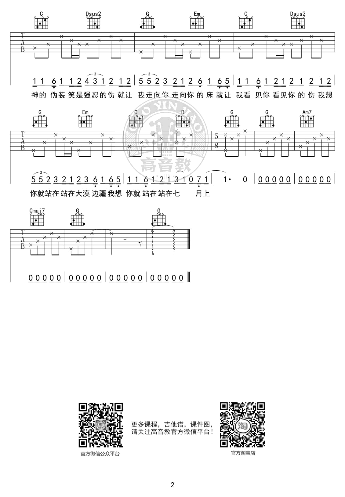 七月上吉他谱,JAM歌曲,简单指弹教学简谱,高音教六线谱图片