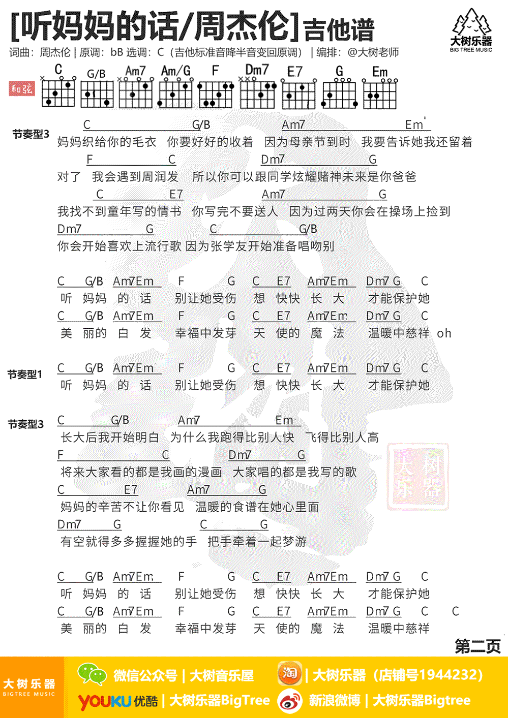 听妈妈的话吉他谱,周杰伦歌曲,C调简单指弹教学简谱,大树乐器六线谱图片