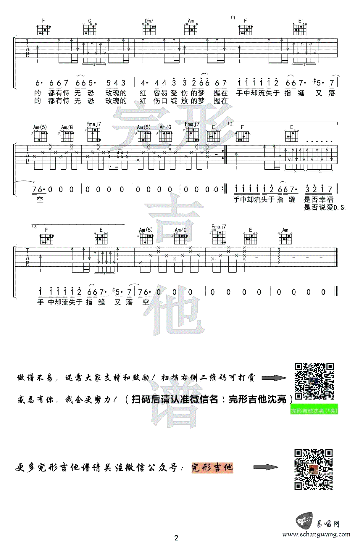 奕迅《红玫瑰》吉他,李焯雄梁翘歌曲,C调简单指弹教学简谱,完形吉他六线谱图片