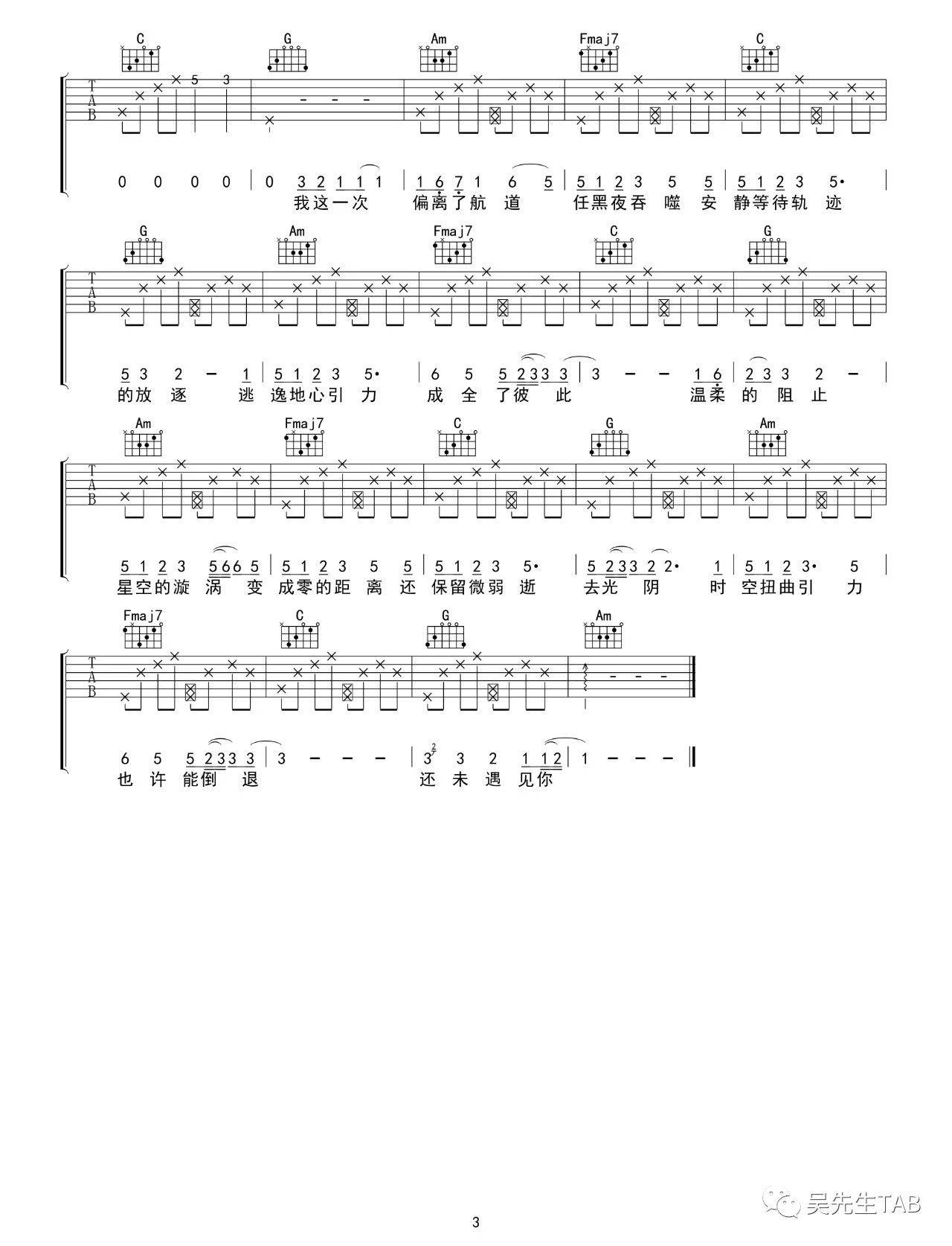 坠落星空吉他谱,原版小星星Aurora歌曲,简单C调弹唱教学,吴先生版六线指弹简谱图