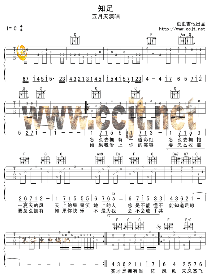 知足吉他谱,原版五月天歌曲,简单C调弹唱教学,虫虫吉他版六线指弹简谱图