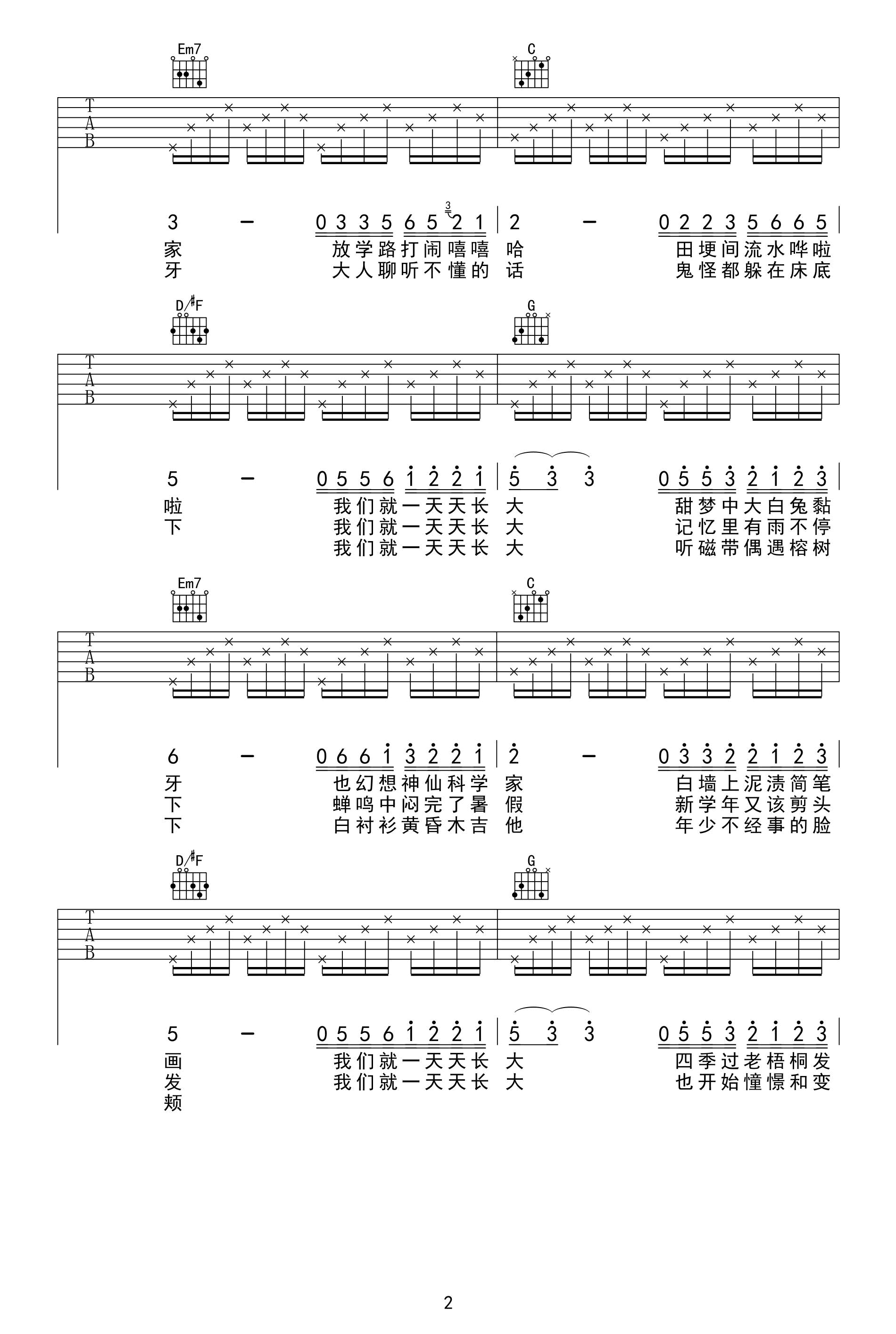 儿时吉他谱,唐映枫刘昊歌曲,G调简单指弹教学简谱,米鹏六线谱图片