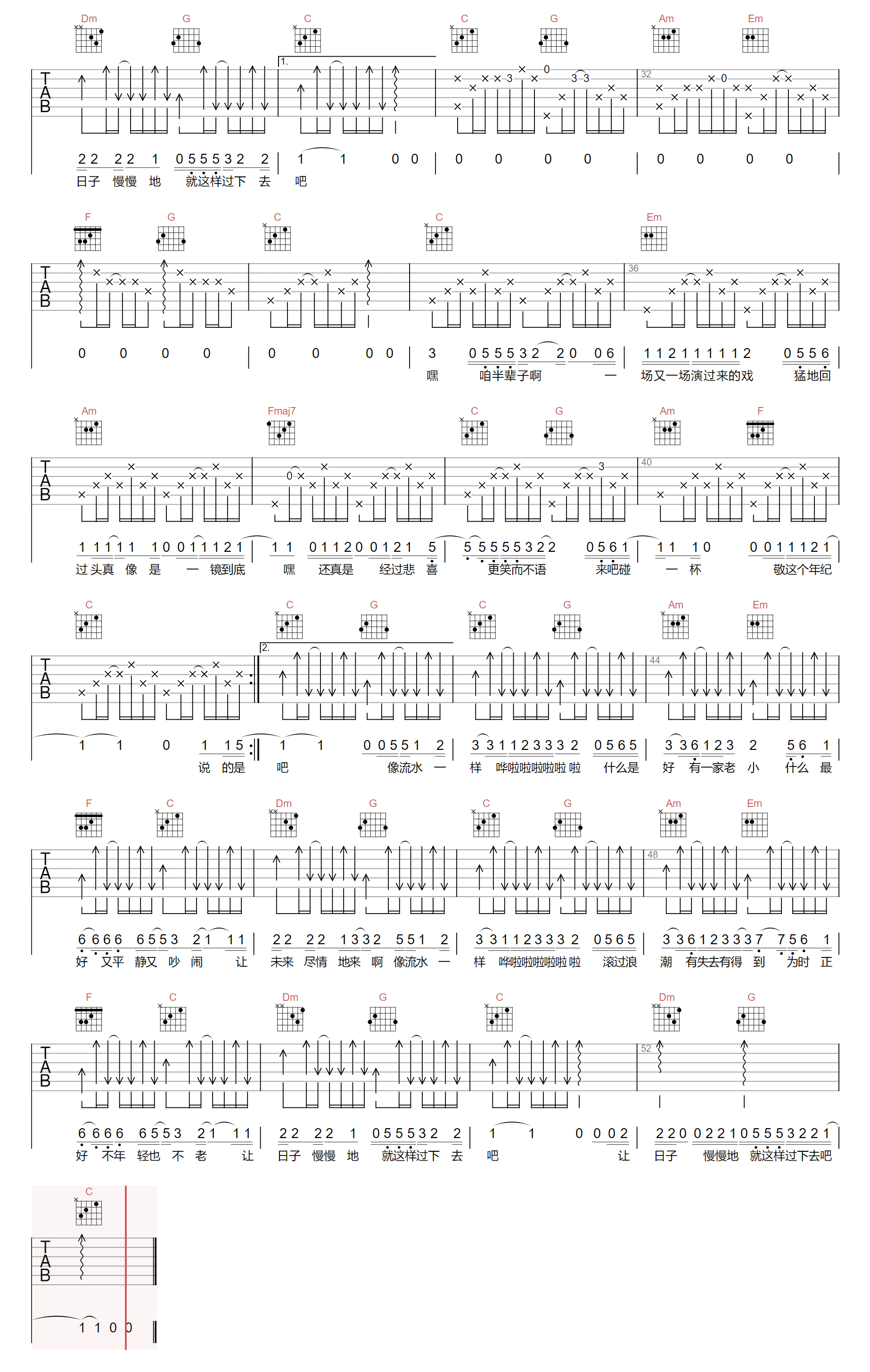细水长流吉他谱,简单C调原版指弹曲谱,刘德华高清六线乐谱