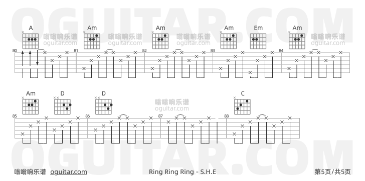 Ring Ring Ring吉他谱,S.H.E歌曲,C调高清图,5张六线原版简谱