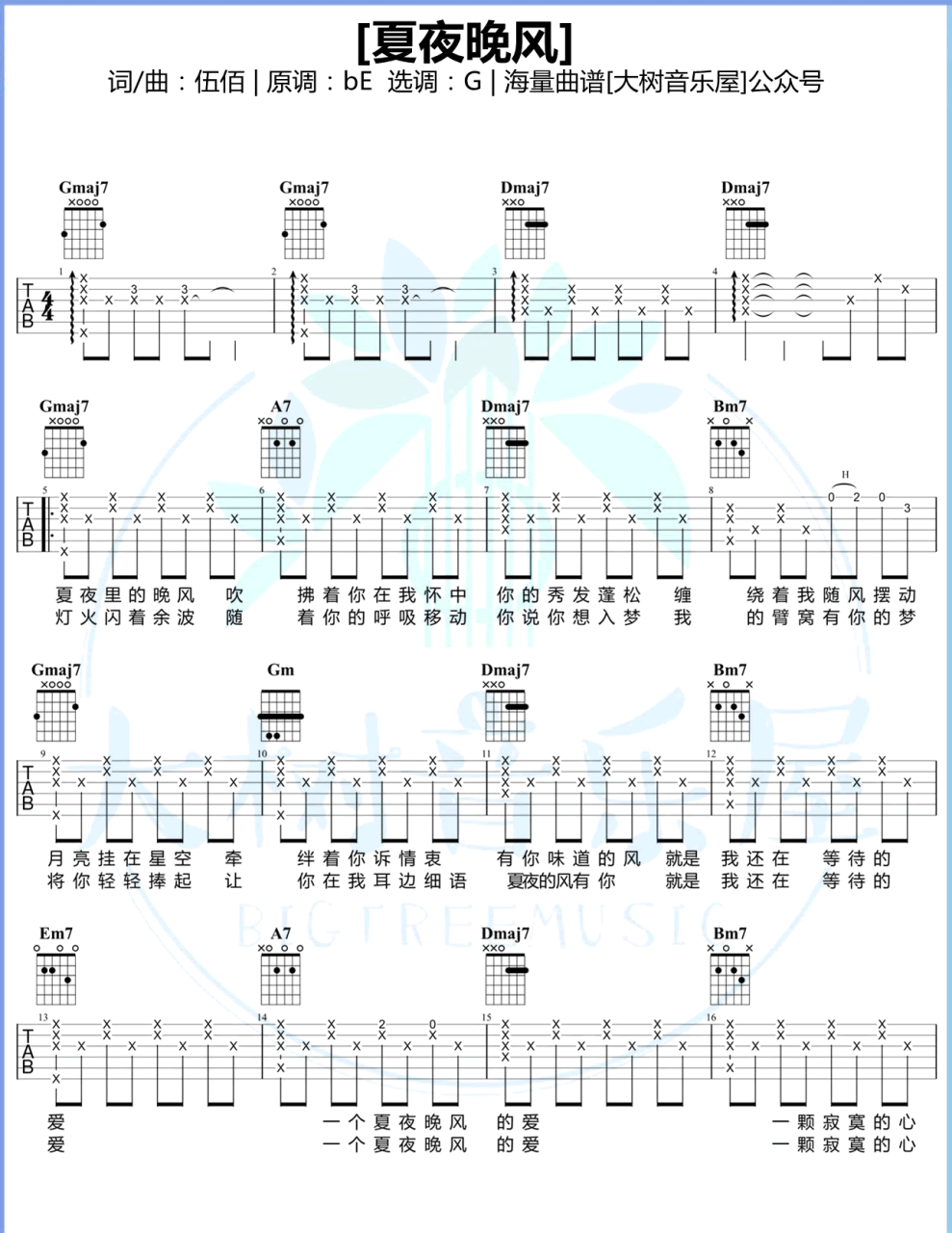 夏夜晚风吉他谱,伍佰歌曲,G调指弹简谱,新手弹唱弹唱谱