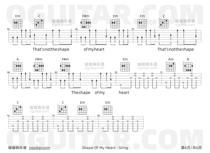 ShapeOfMyHeart吉他谱,Sting歌曲,G调指弹简谱,6张教学六线谱