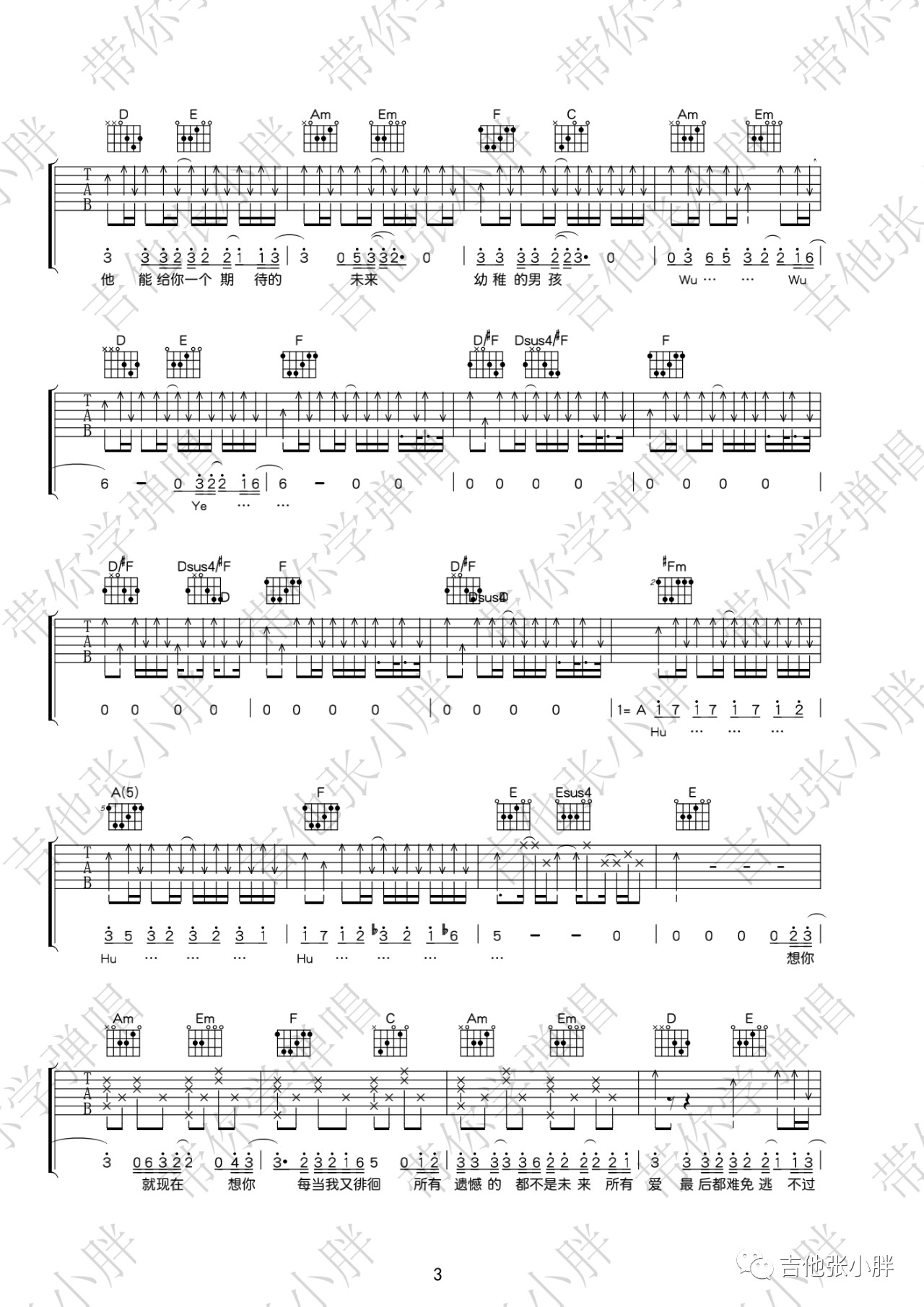 男孩吉他谱,梁博歌曲,简单指弹教学简谱,吉他弹唱C调精编版吉他谱 