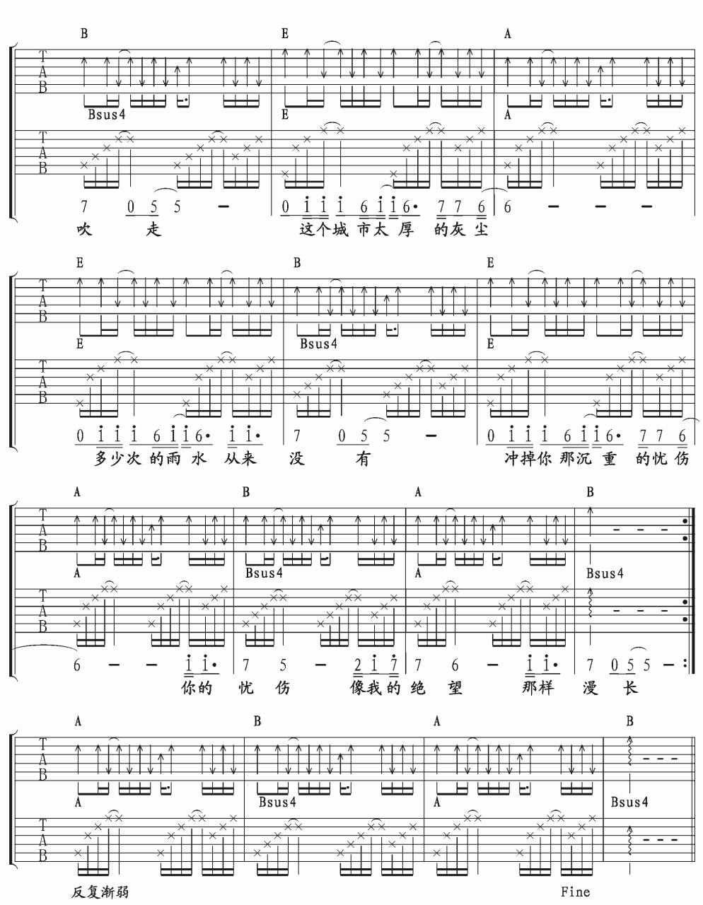 我思念的城市吉他谱,许巍歌曲,E调指弹简谱,新手弹唱扫弦版