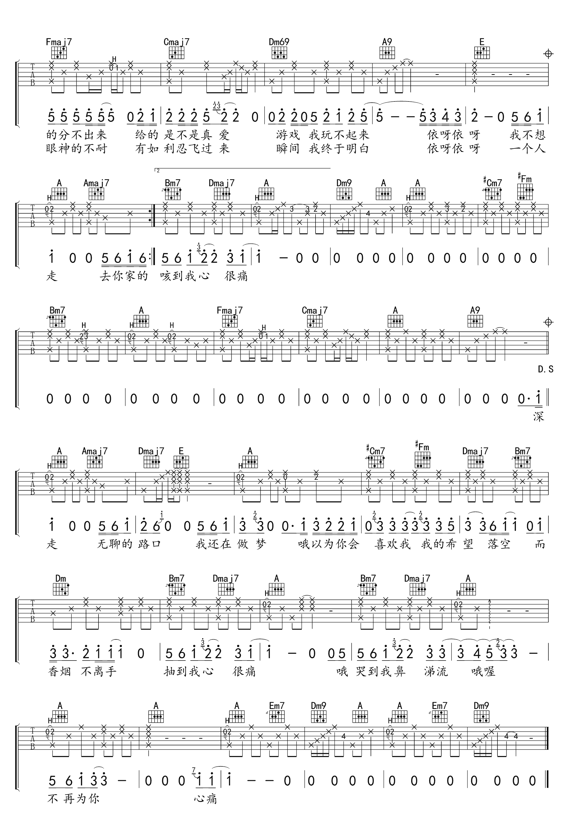 路口吉他谱,原版张震岳歌曲,简单A调指弹曲谱,高清六线乐谱