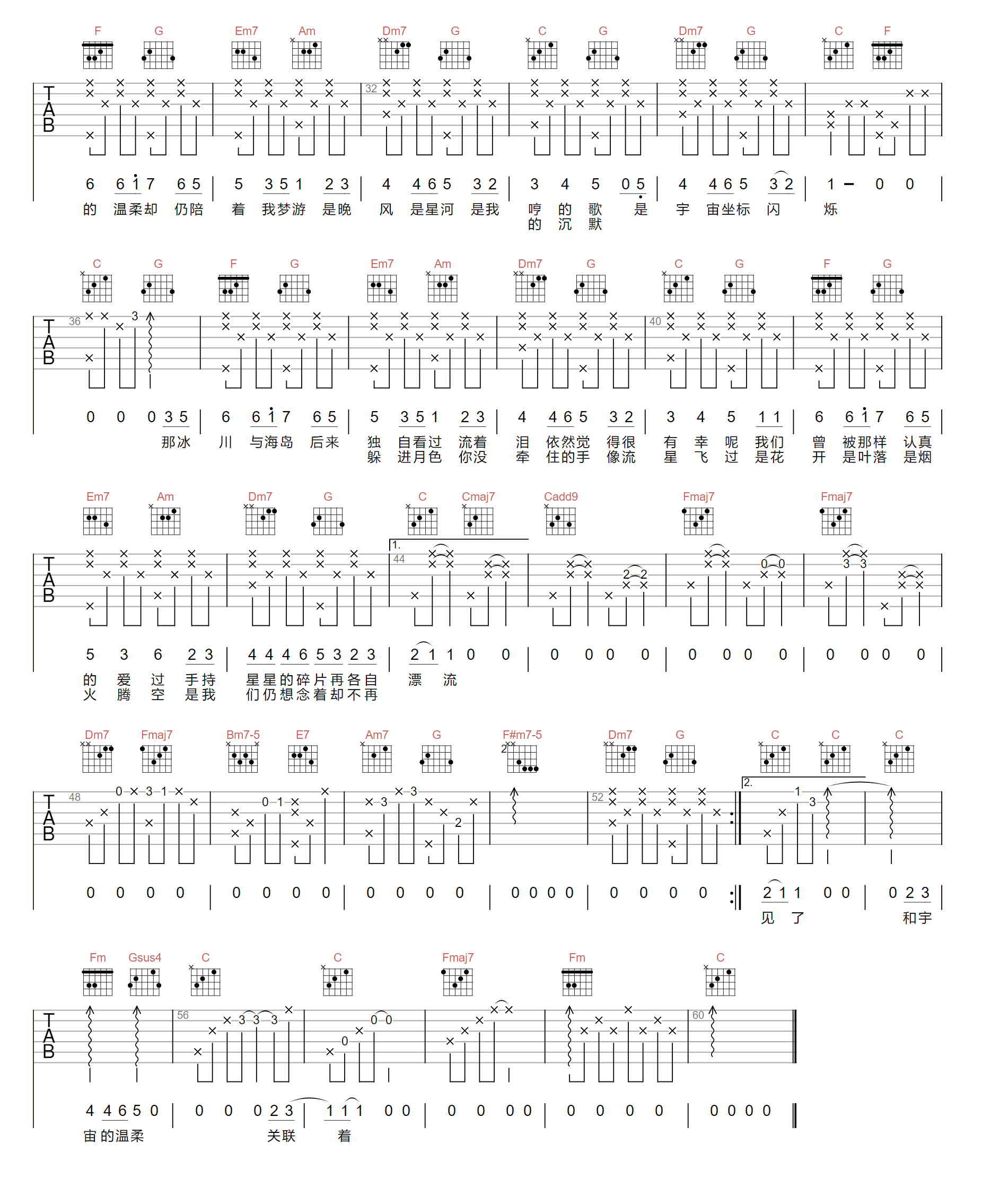 房东的猫和宇宙的温柔关联吉他谱,简单C调原版弹唱曲谱,房东的猫高清六线谱简谱