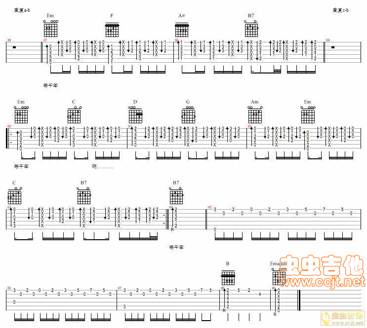等千年吉他谱,阿郎歌曲,C调指弹简谱,新手弹唱六线谱