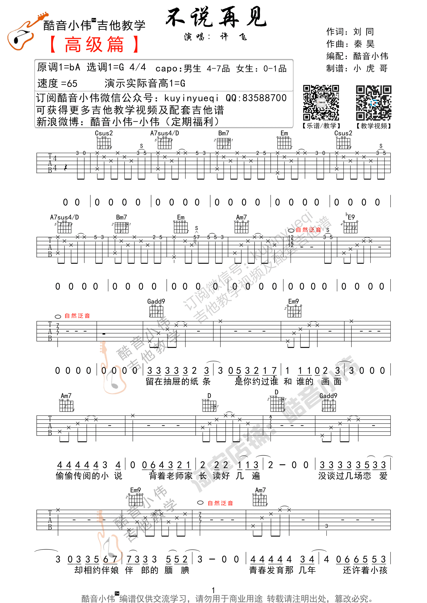 不说再见吉他谱,原版许飞歌曲,简单G调指弹曲谱,高清六线乐谱