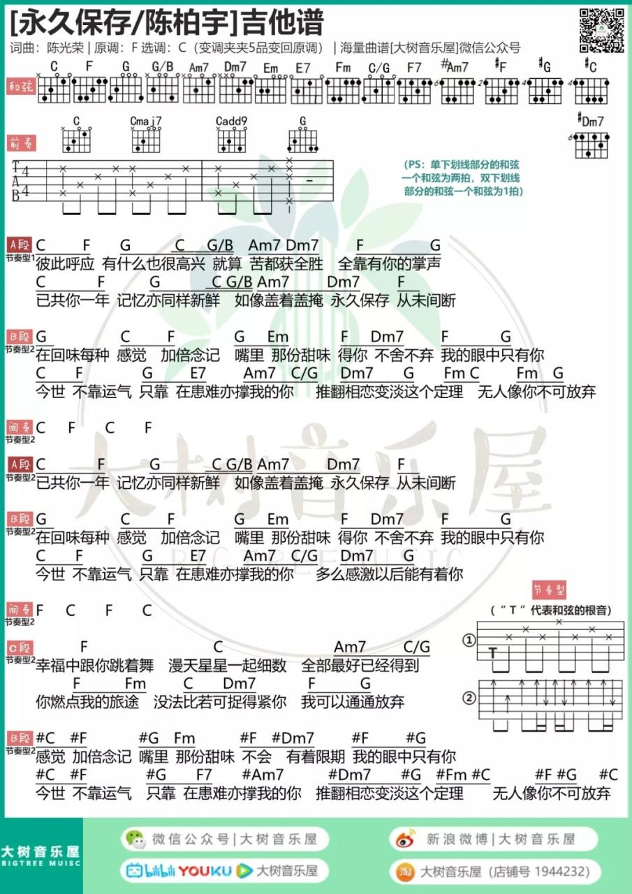 永久保存吉他谱,陈柏宇歌曲,C调指弹简谱,新手弹唱和弦谱