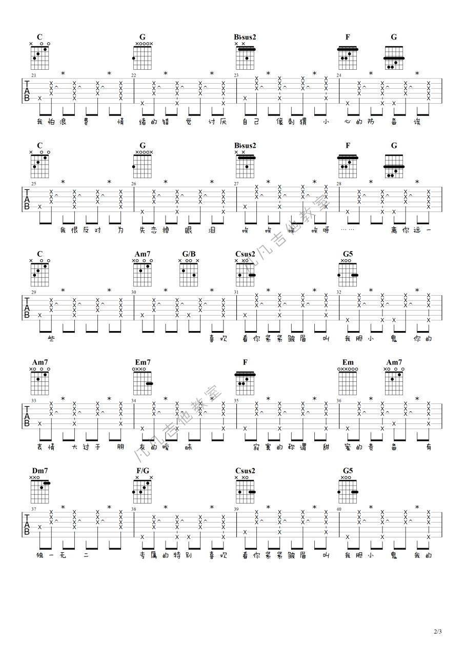 胆小鬼吉他谱,梁咏琪歌曲,C调指弹简谱,新手弹唱高清版