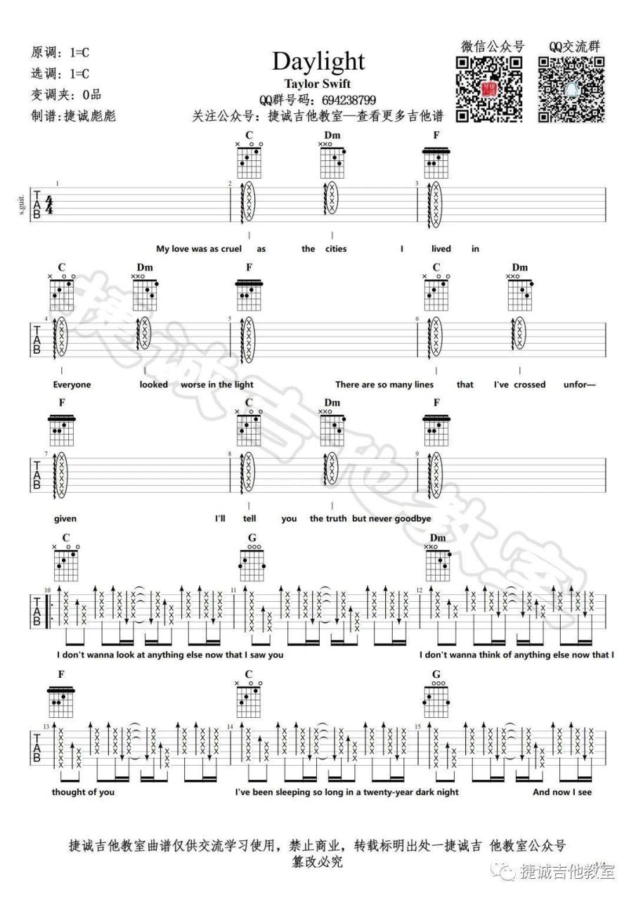 taylor swiftDay吉他谱,简单原版指弹曲谱,taylo高清六线谱图片