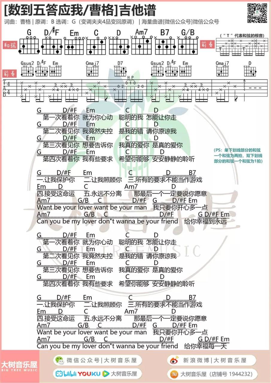 数到五答应我吉他谱,曹格歌曲,G调指弹简谱,新手弹唱附前奏