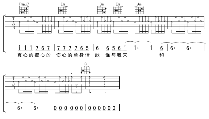 单身情歌吉他谱,原版歌曲,简单木吉他弹唱教学,六线谱指弹简谱3张图