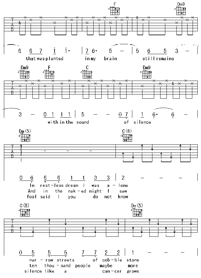 thesoundofsilence吉他谱,原版歌曲,简单F调弹唱教学,六线谱指弹简谱4张图