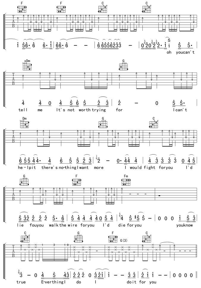 EverythingIdoIdoforyou吉他谱,原版歌曲,简单C调弹唱教学,六线谱指弹简谱4张图